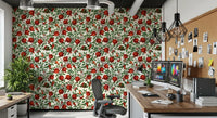 Vintage botanical look sits in a home office with Pomegranate Butterfly Wallpaper