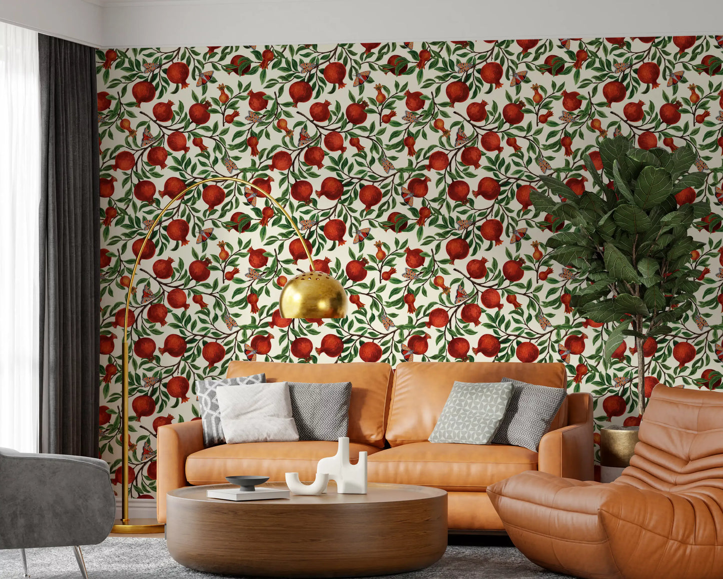 Crimson fruit and patterned wings repeat across this Pomegranate Wallpaper.