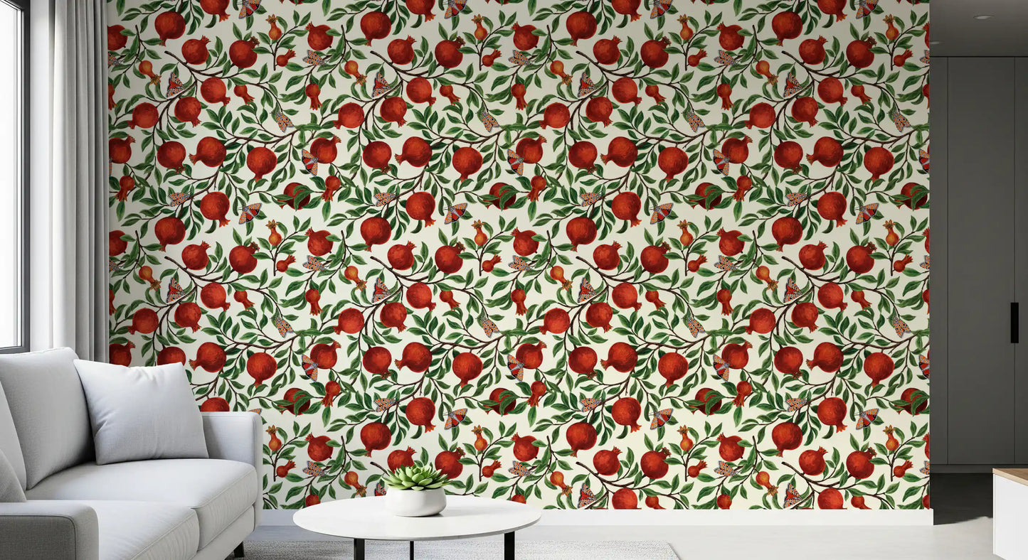 Within a hallway, this Pomegranate Garden Wallpaper holds fruit, leaves and moths.