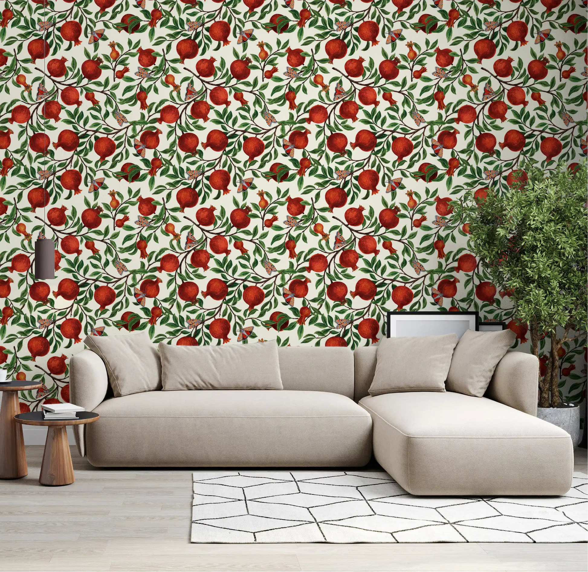 Pomegranate Butterfly Garden Wallpaper builds a fruit-garden setting in a living room.
