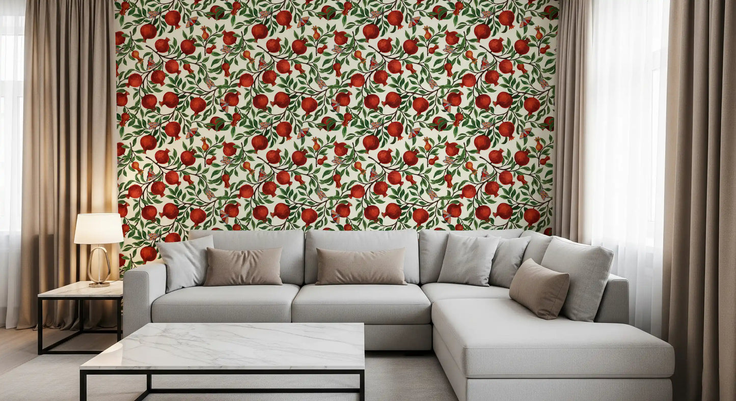 Red fruit and green leaves cover the Pomegranate Garden Wallpaper in a Living room.