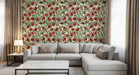 Red fruit and green leaves cover the Pomegranate Garden Wallpaper in a Living room.