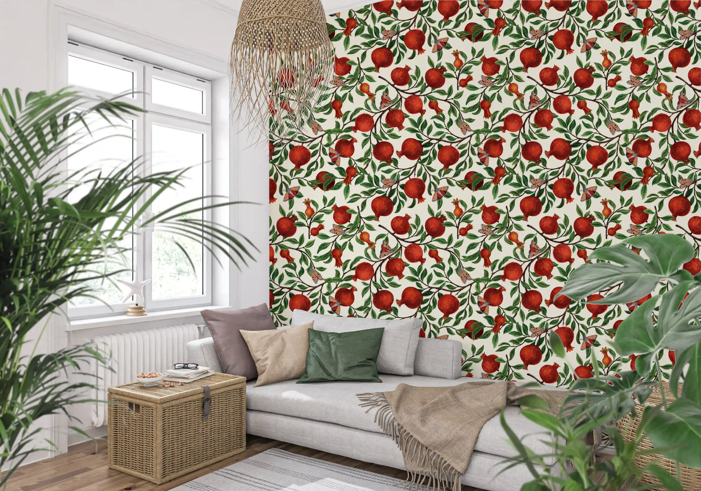 Ripe red fruit and moths spread across the Pomegranate Butterfly Garden Wallpaper.