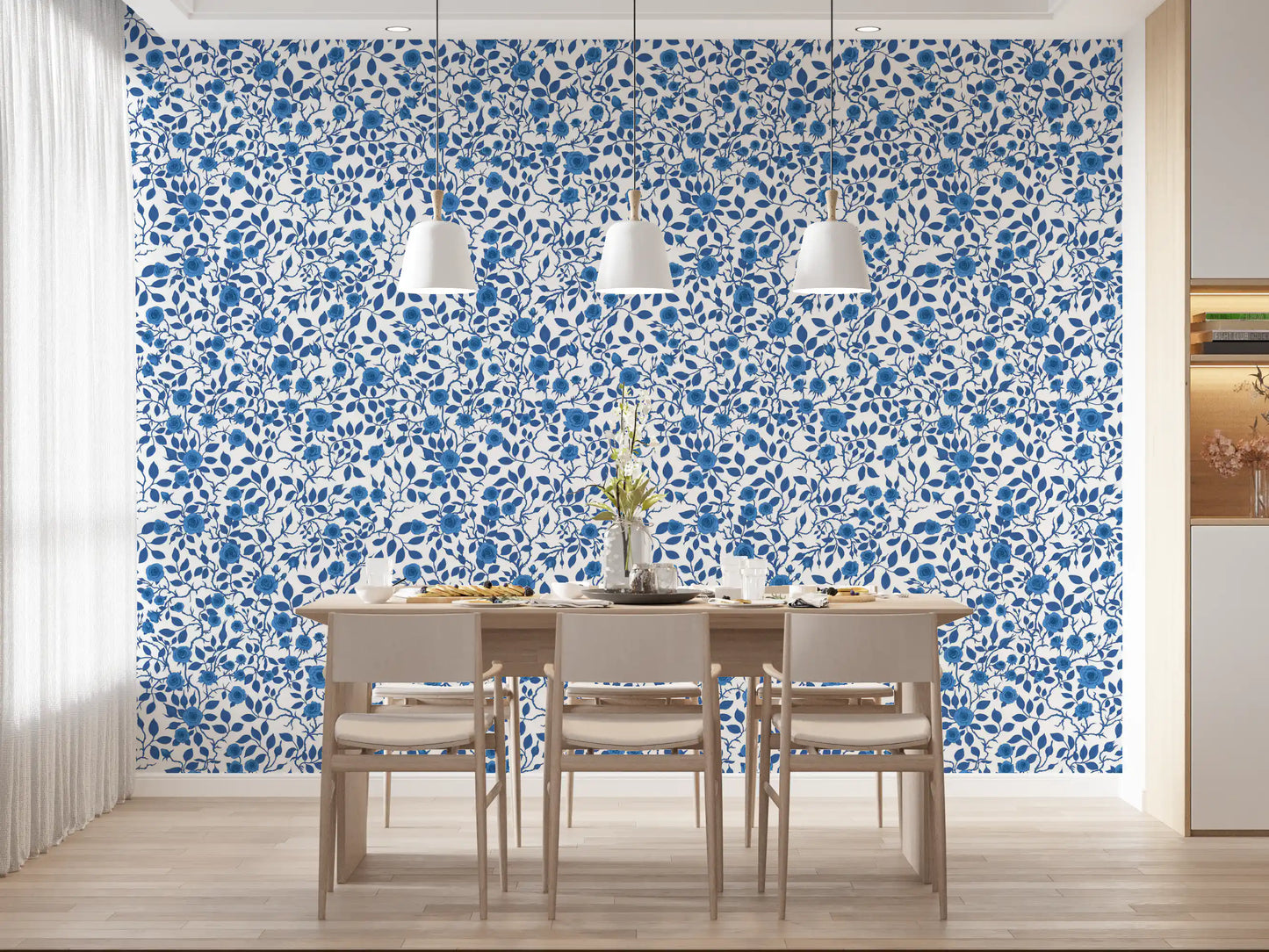 Wild Roses Blue and White wallpaper the long Dining room with a fine bloom run.