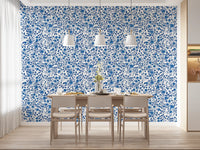 Wild Roses Blue and White wallpaper the long Dining room with a fine bloom run.