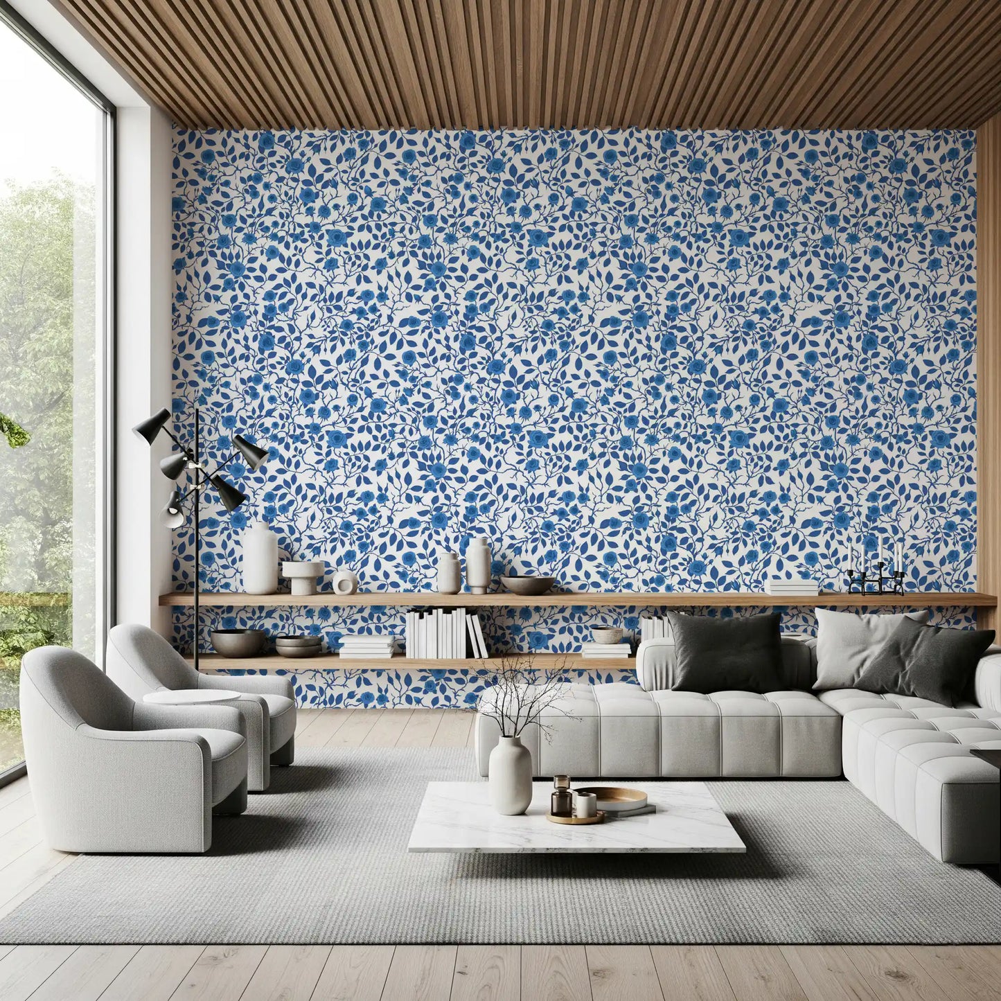 Climbing rose vines spread across a Living room in this Wild Roses wallpaper.