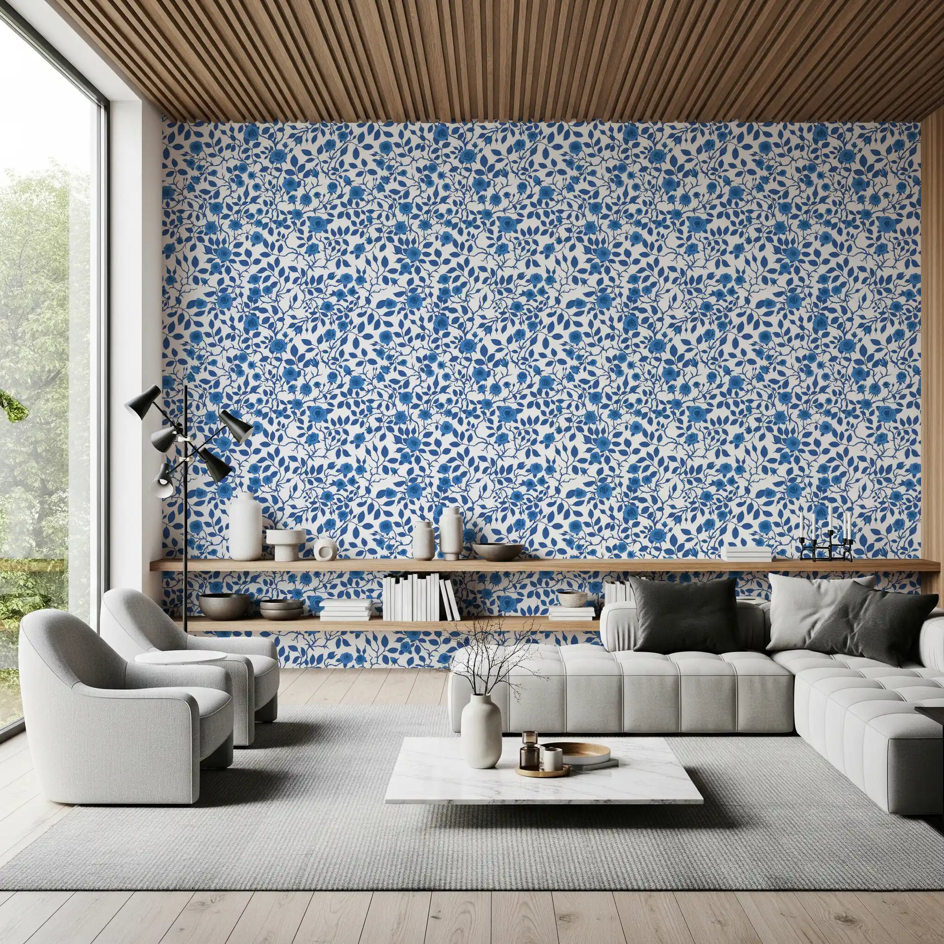 Climbing rose vines spread across a Living room in this Wild Roses wallpaper.