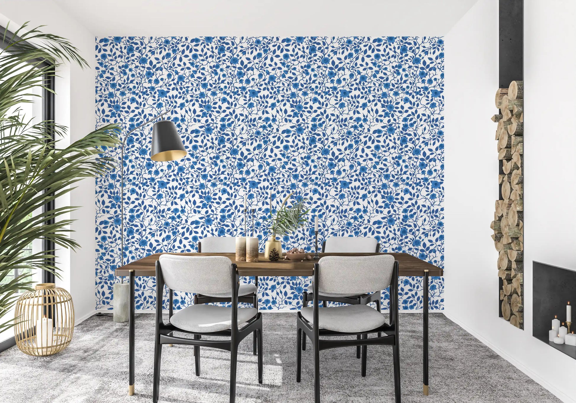 In a Dining area, the Wild Roses Blue and White wallpaper holds a steady cool repeat.