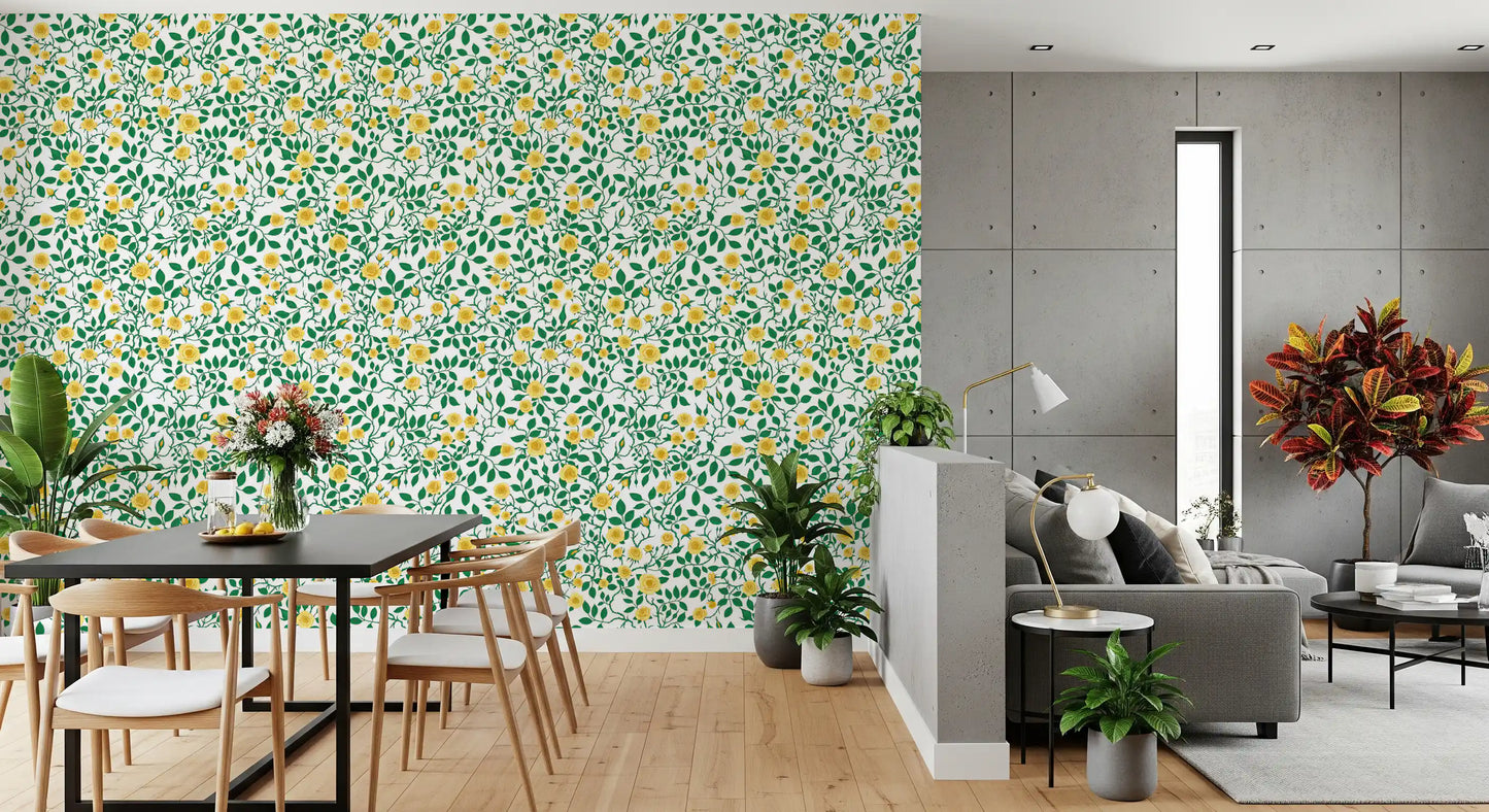 Curling green vines wrap around yellow flowers across this Golden Bloom Rose Wallpaper.
