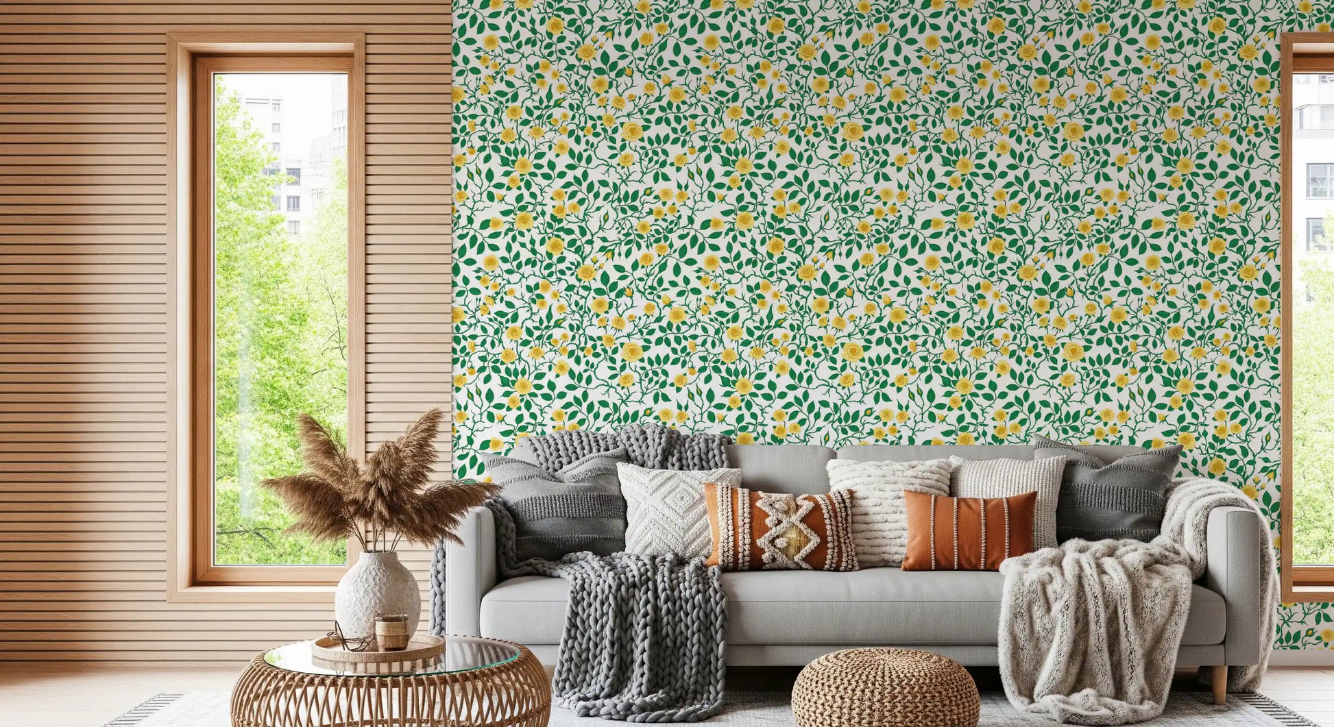 Pale yellow heads dot the Golden Bloom Rose Trellis Wallpaper in a Living area.