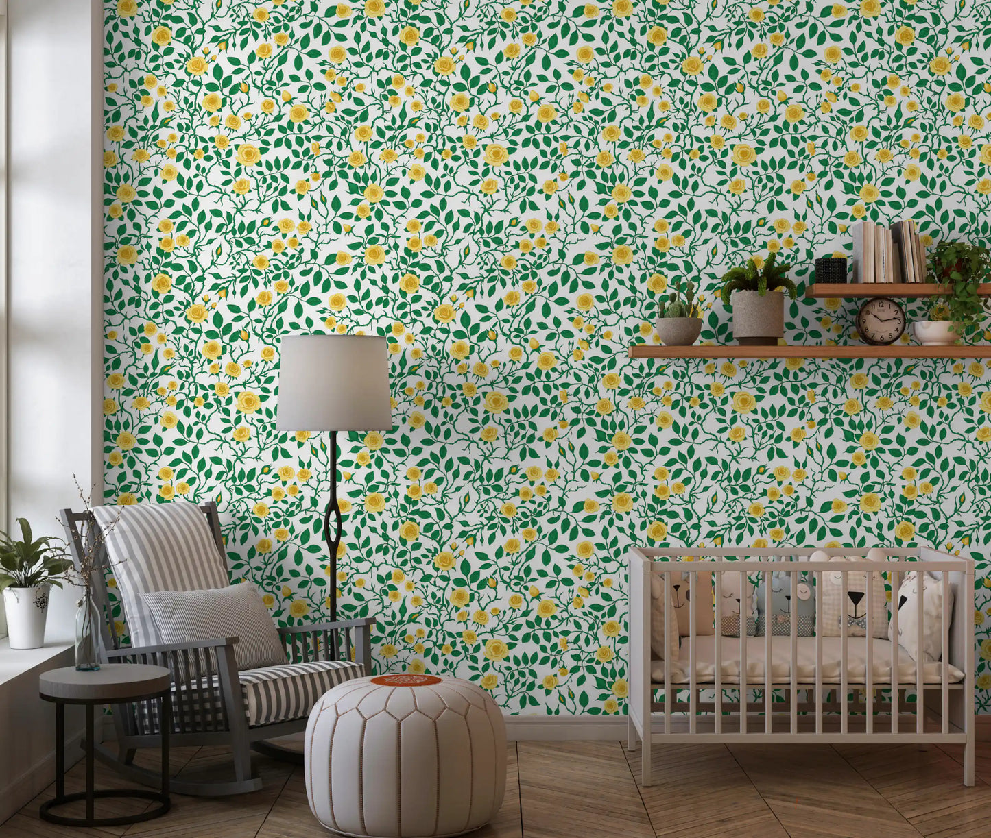 On the Golden Bloom Rose Trellis Wallpaper, a Nursery gains yellow flowers and leaves.