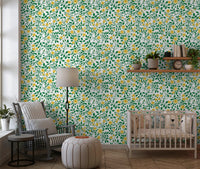 On the Golden Bloom Rose Trellis Wallpaper, a Nursery gains yellow flowers and leaves.