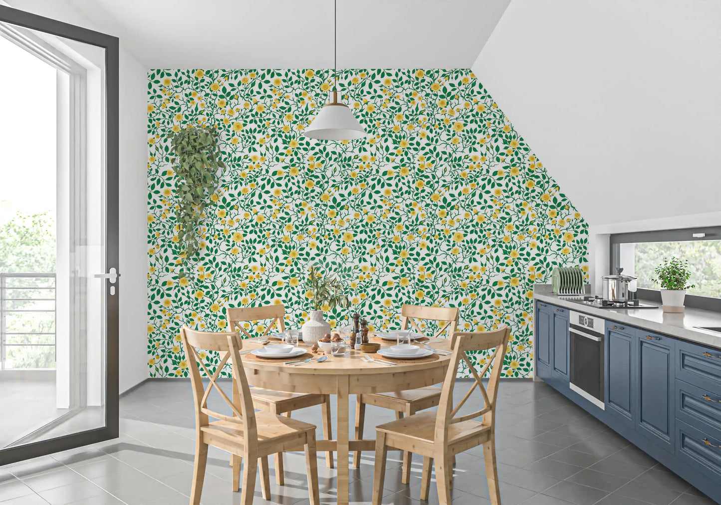 Garden mood lands in a Kitchen and dining with the Golden Bloom Rose Wallpaper.