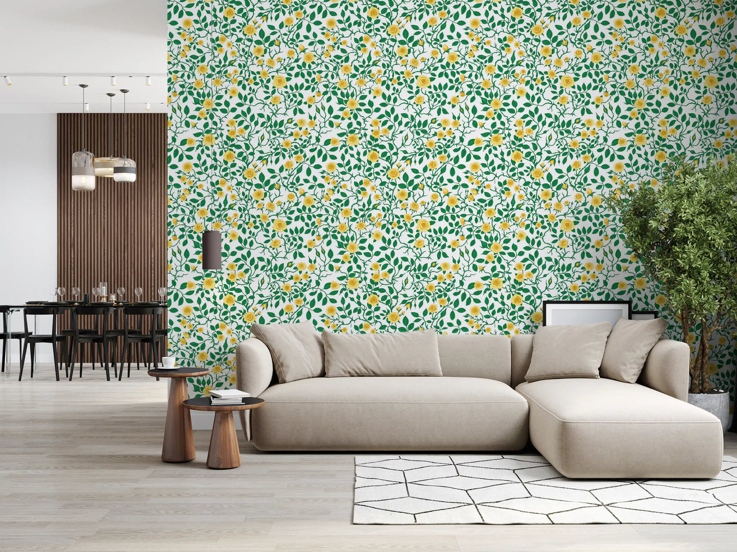 Each detail keeps space around it on this Golden Bloom Rose Trellis Wallpaper.