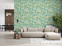 Each detail keeps space around it on this Golden Bloom Rose Trellis Wallpaper.