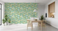 Climbing vines hold yellow flowers across the Golden Bloom Rose Wallpaper in a Dining room.
