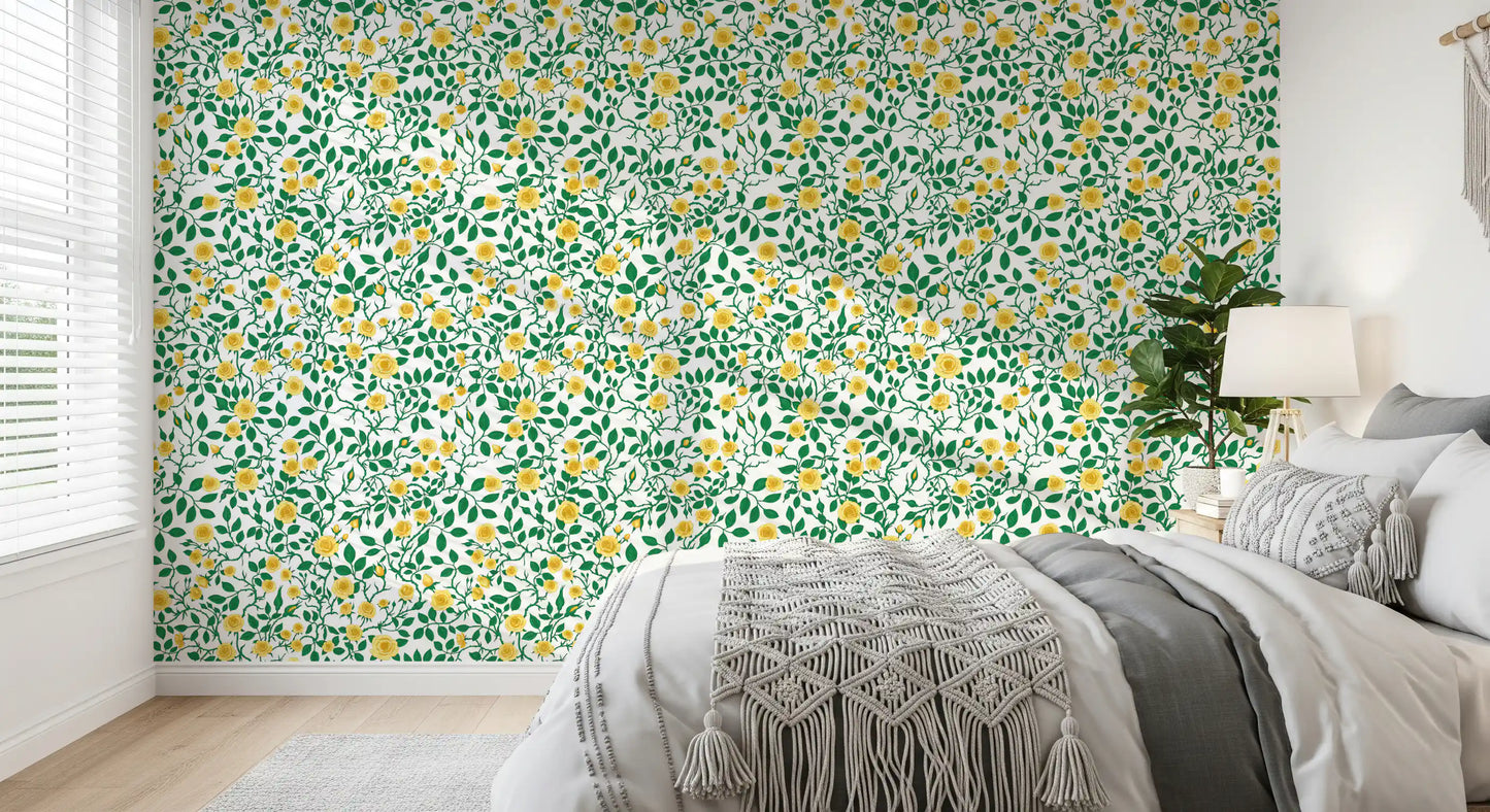 This Golden Bloom Rose Trellis Wallpaper clusters yellow heads on long stems.