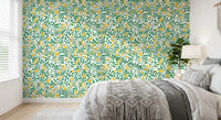 This Golden Bloom Rose Trellis Wallpaper clusters yellow heads on long stems.