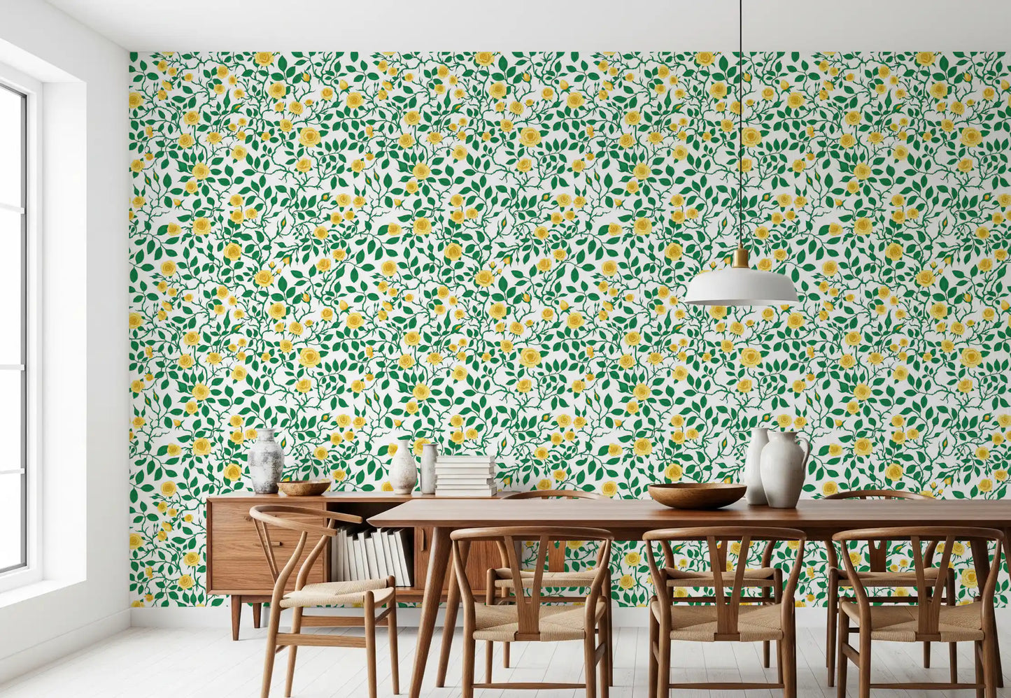 A dining room takes on a cottage-garden feel with this rose and vine wallpaper.