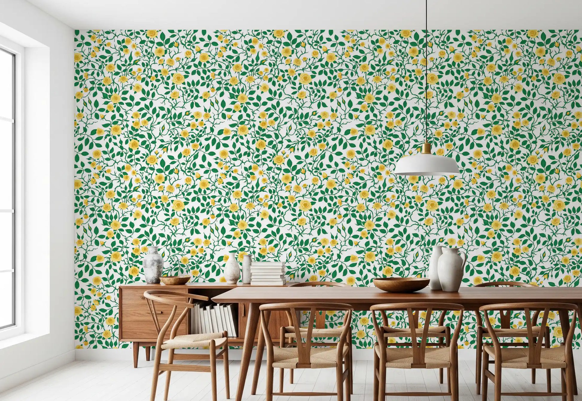 A dining room takes on a cottage-garden feel with this rose and vine wallpaper.