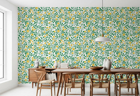 A dining room takes on a cottage-garden feel with this rose and vine wallpaper.
