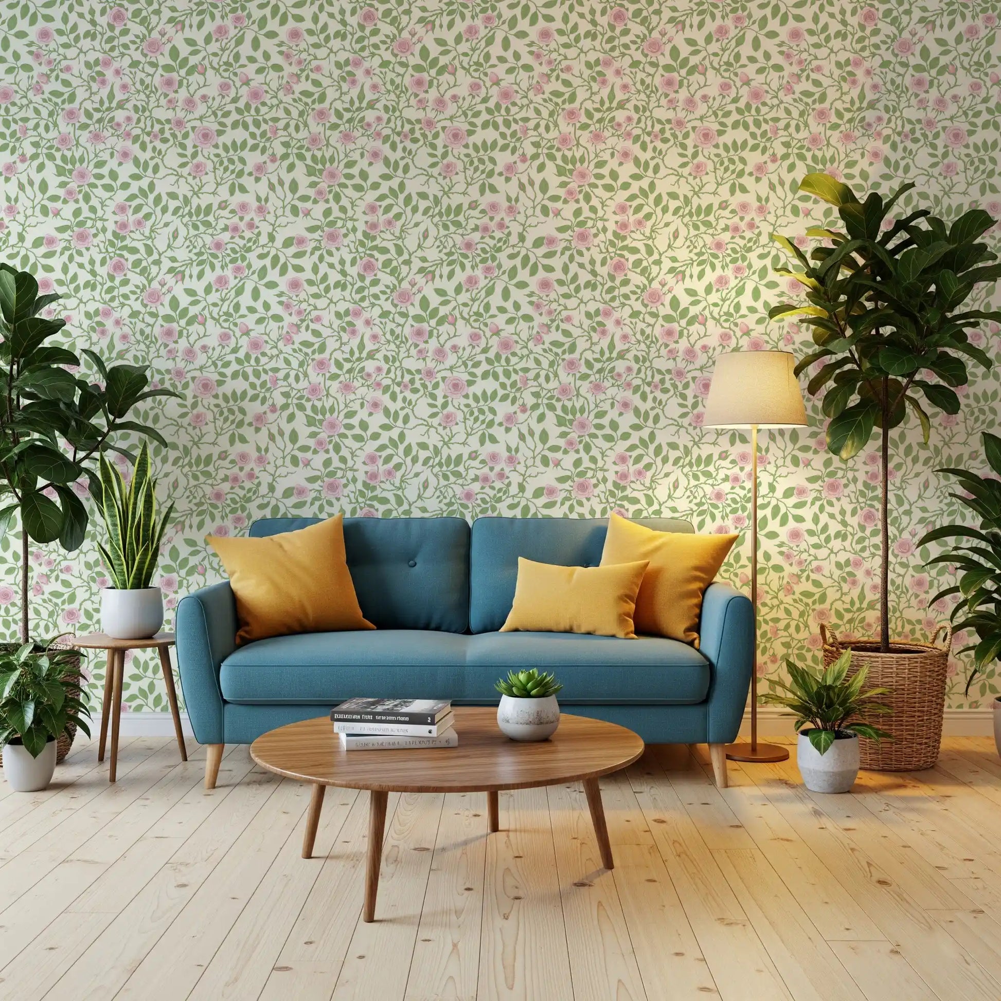Lounge gains a relaxed cottage feel through the rose-vine wallpaper.