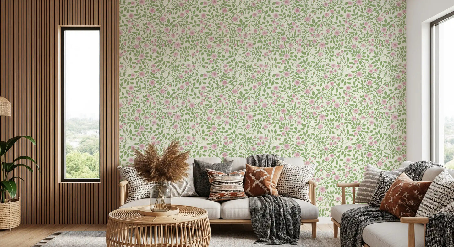 Climbing pink roses spread through the living room via Sweet Briar Embrace wallpaper.