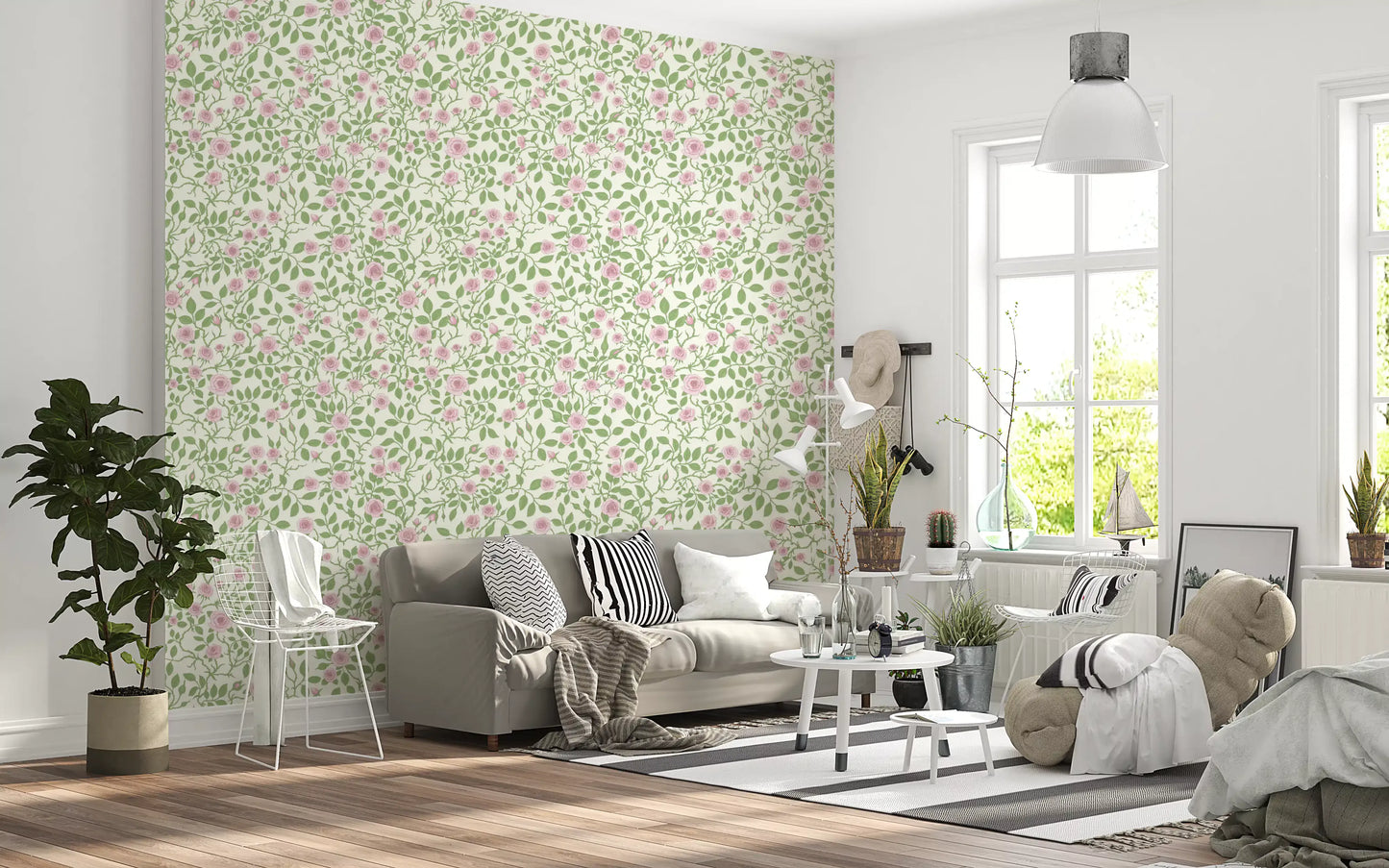 Living  area gains cottage charm under the briar-and-bloom wallpaper.