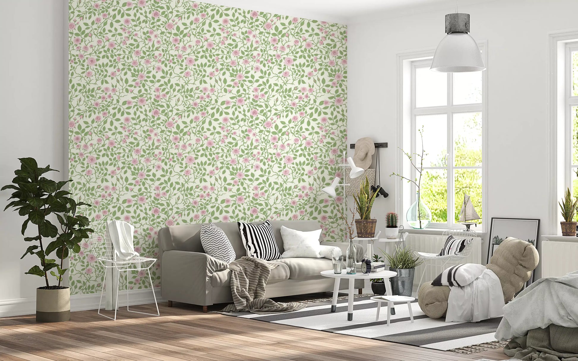 Living  area gains cottage charm under the briar-and-bloom wallpaper.