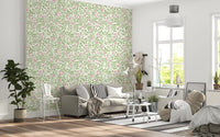 Living  area gains cottage charm under the briar-and-bloom wallpaper.