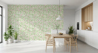 Pale roses thread the Dining with cottage charm via this Sweet Briar wallpaper.