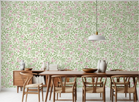 Garden-cottage feel lands in the dining room thanks to Sweet Briar Embrace wallpaper.