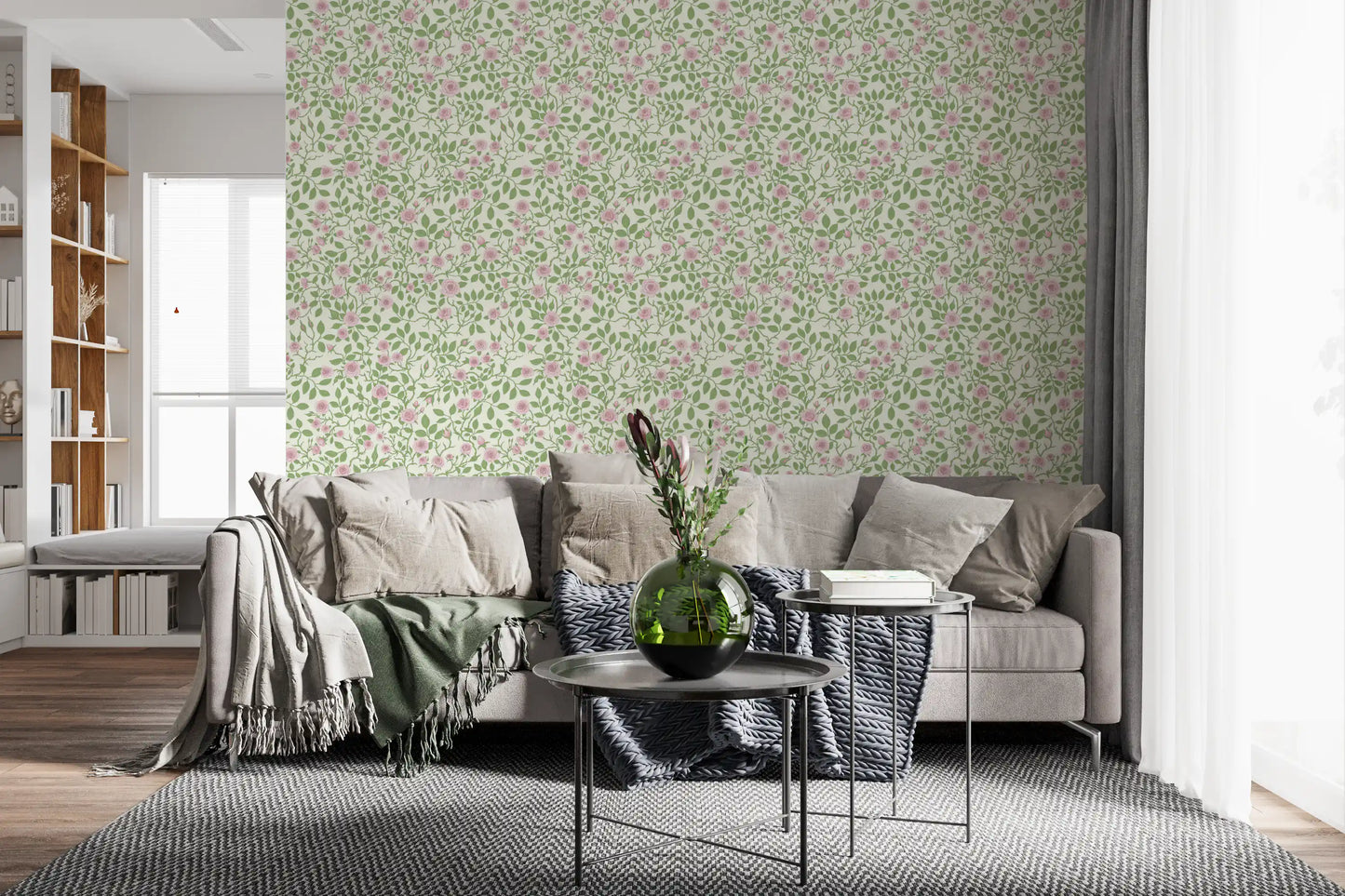 Rose tendrils weave around blooms in the Sweet Briar Embrace wallpaper repeat.