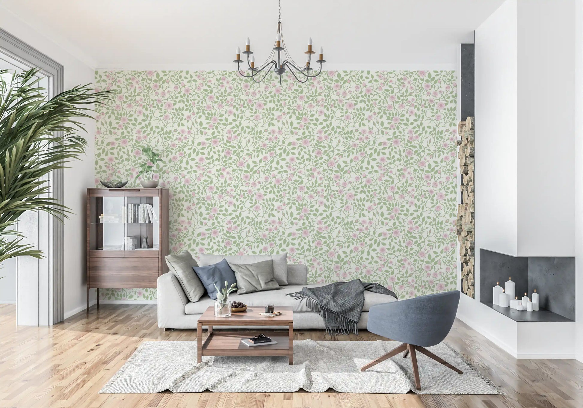 Trailing rose vines wrap the hallway via this Sweet Briar Embrace wallpaper.