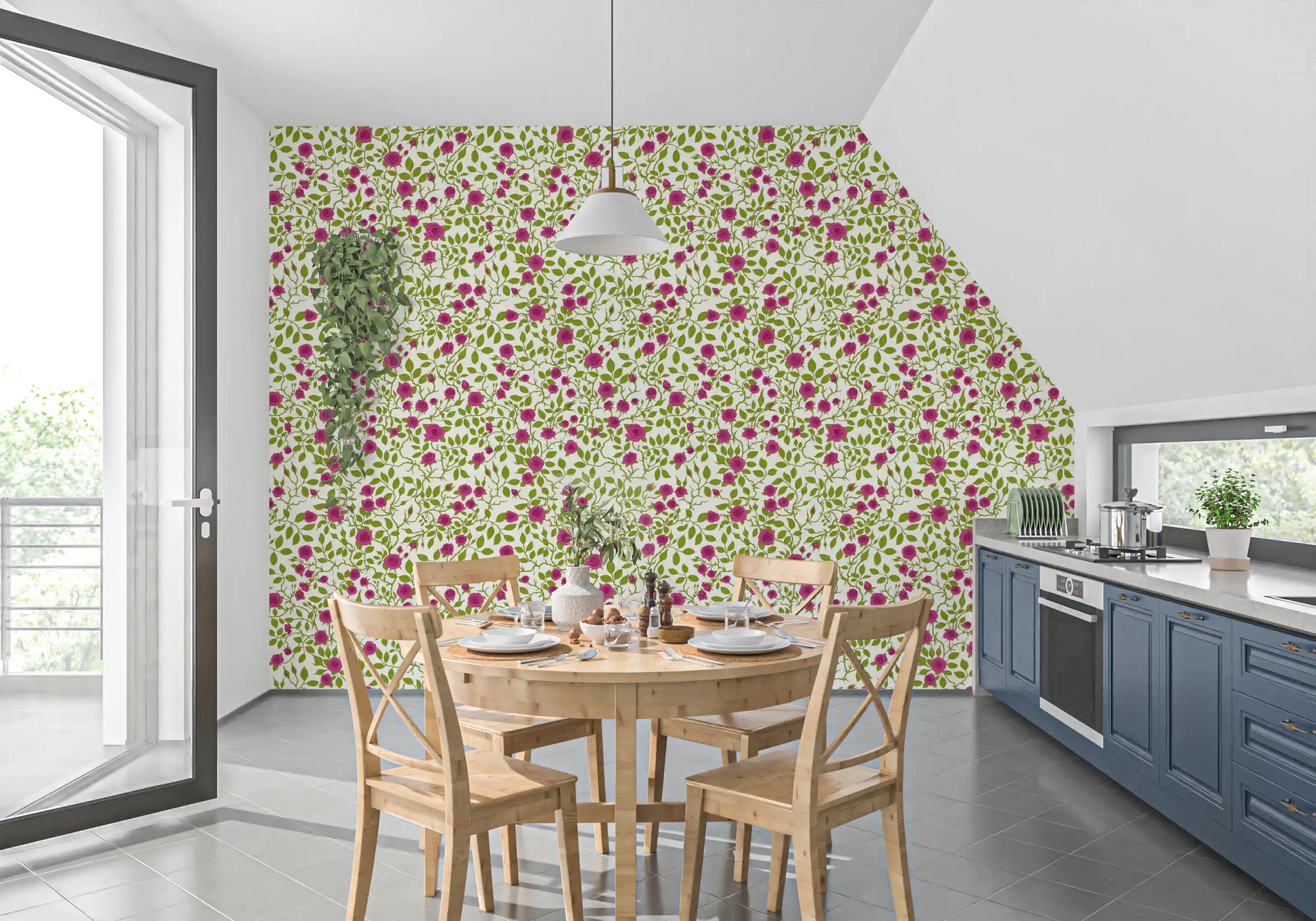 Pink, green and cream balance the Blooming Rose Trellis wallpaper without crowding.