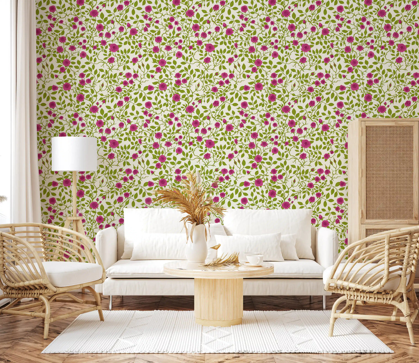 A Living area dressed in this Blooming Rose wallpaper holds a fresh pink-and-green repeat.
