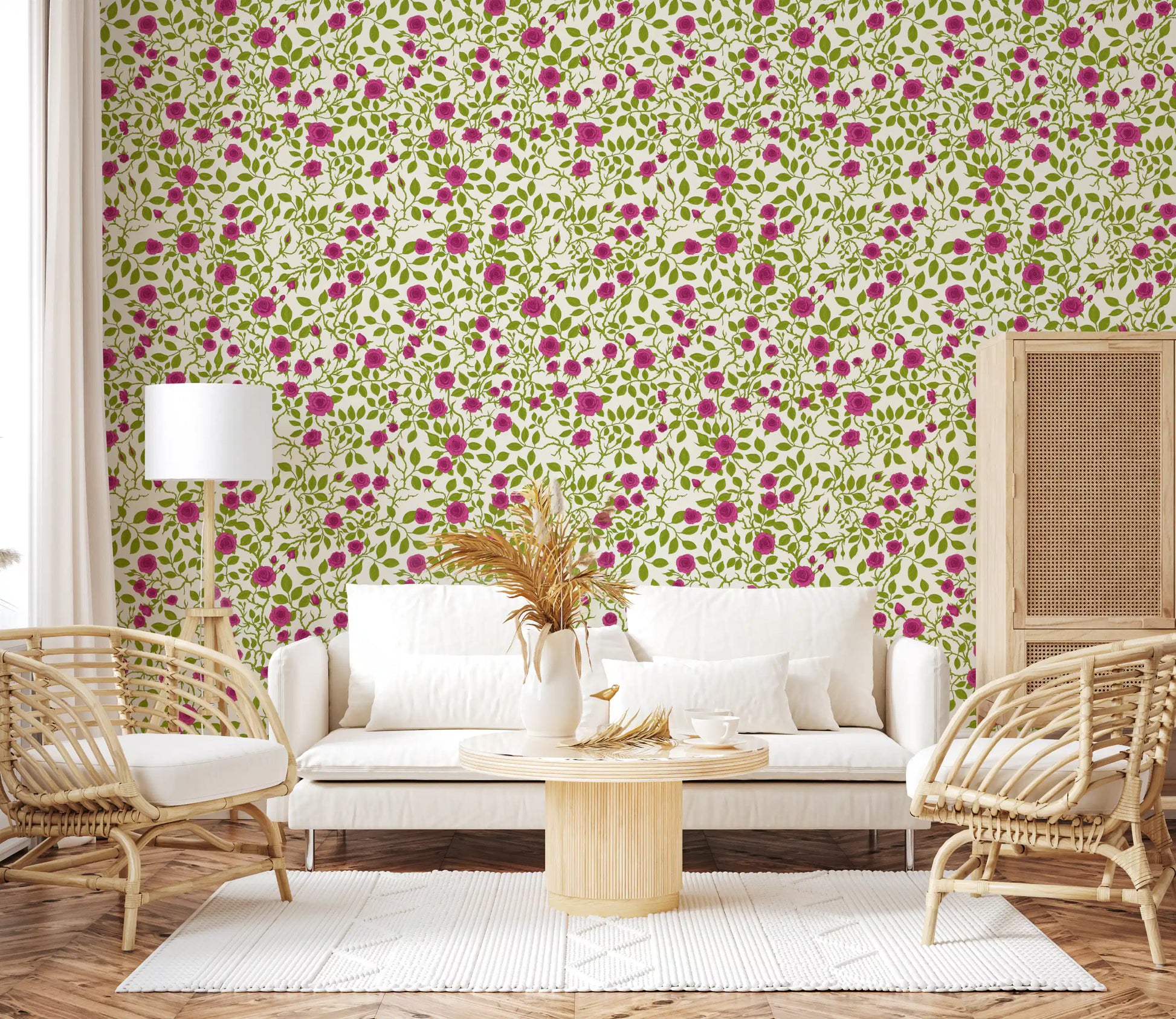 A Living area dressed in this Blooming Rose wallpaper holds a fresh pink-and-green repeat.