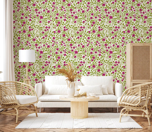 A Living area dressed in this Blooming Rose wallpaper holds a fresh pink-and-green repeat.