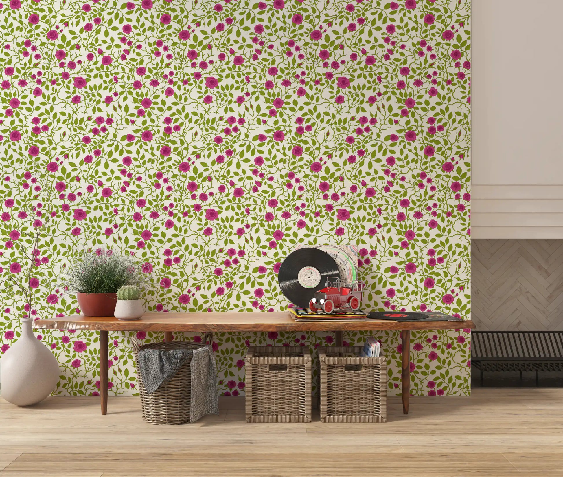 Open blossoms catch the eye on the Blooming Rose Trellis wallpaper at each repeat point.