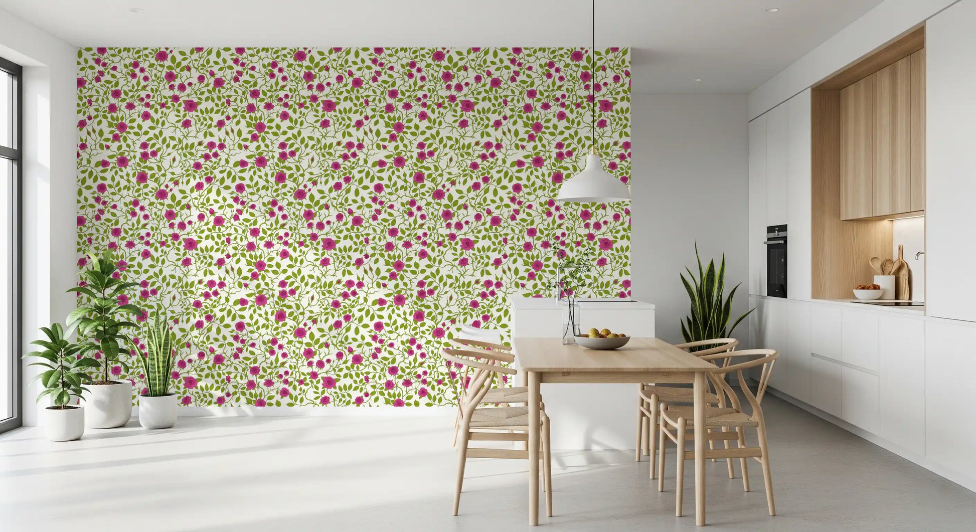 Above a dining room, this Blooming Rose Trellis wallpaper layers vines, buds and heads.