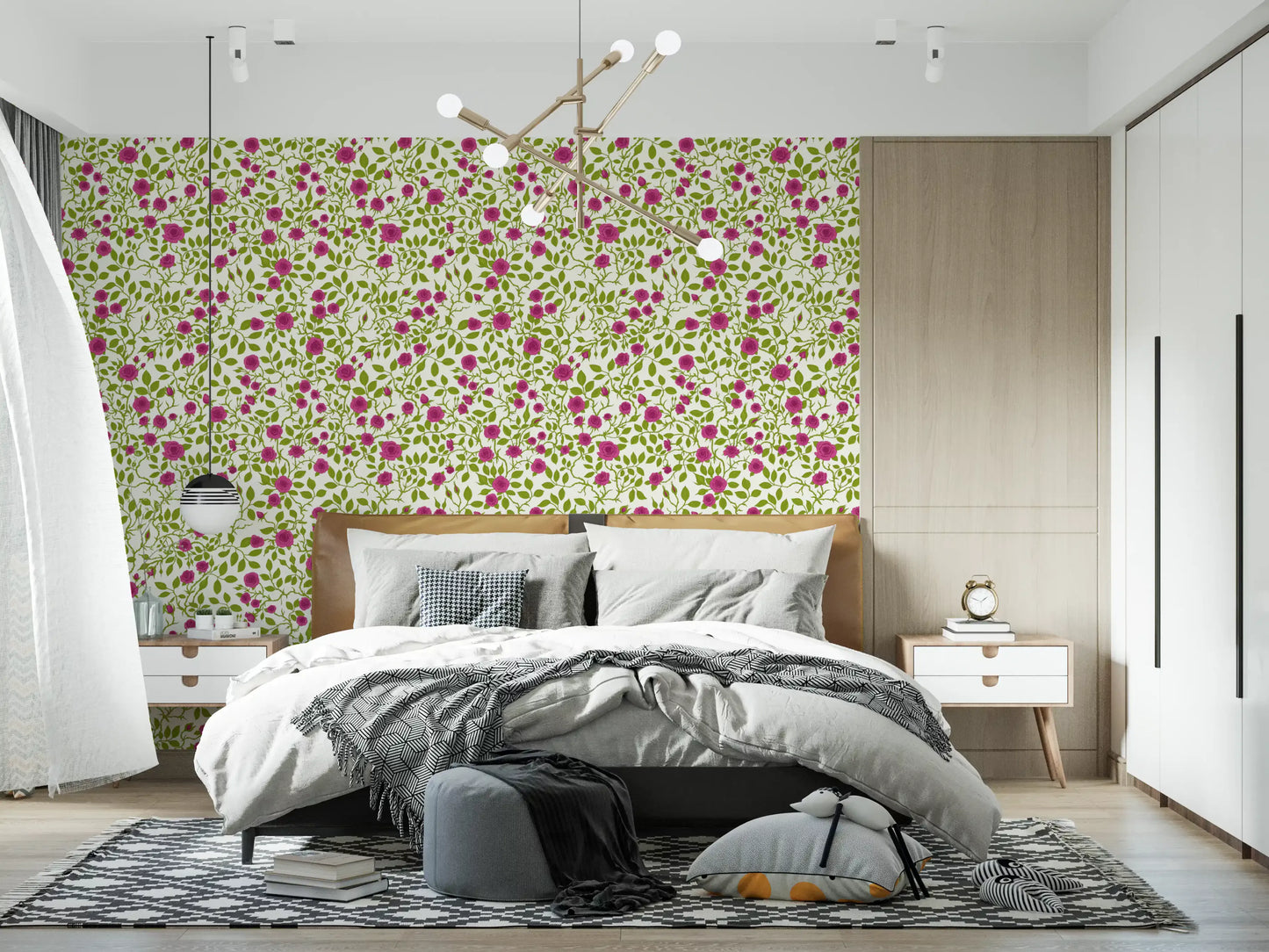 Loud heads and tight buds lift a Bedroom side on this Blooming Rose wallpaper.