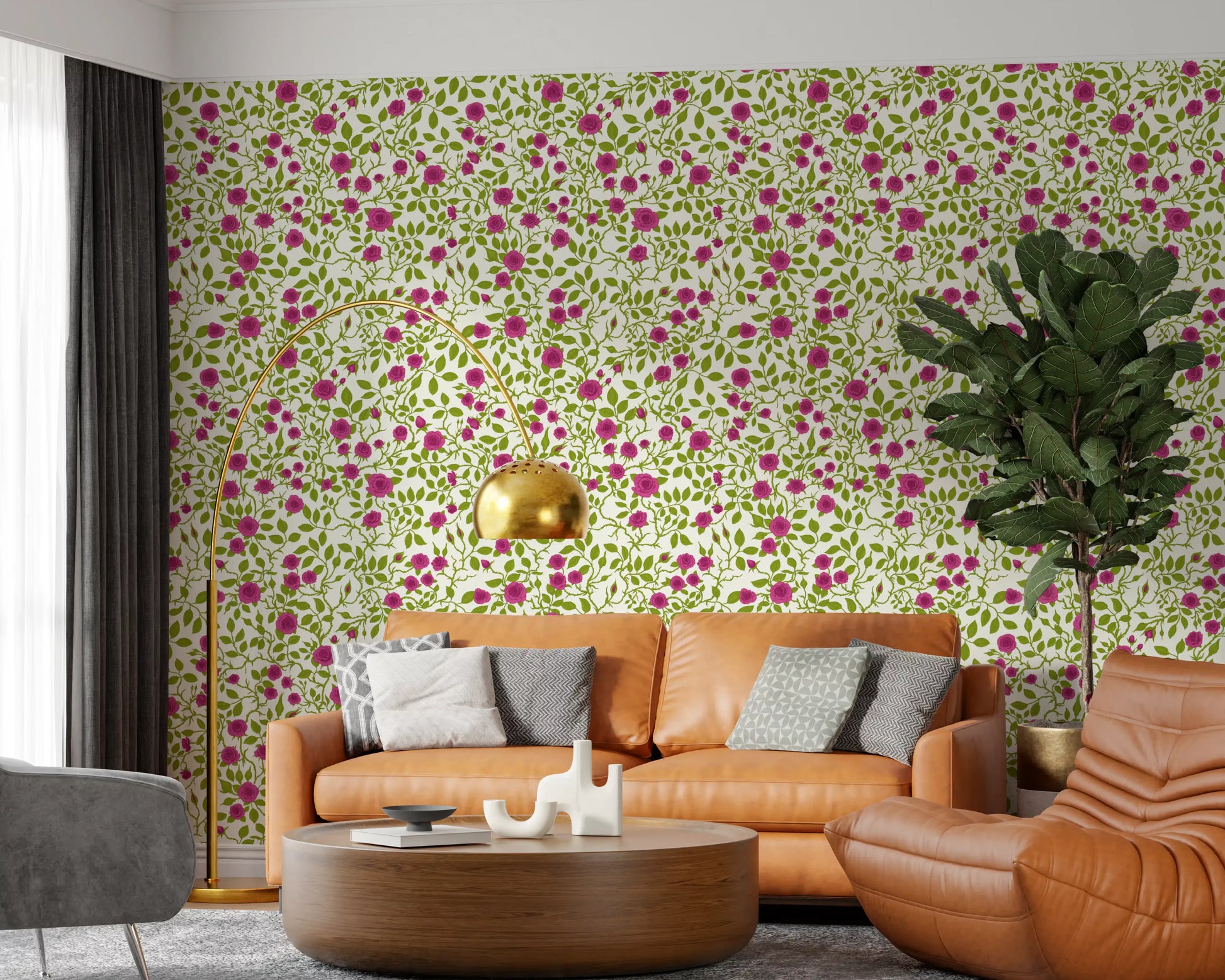 Blooming Rose Trellis wallpaper sets one Living room side with pink and green movement.