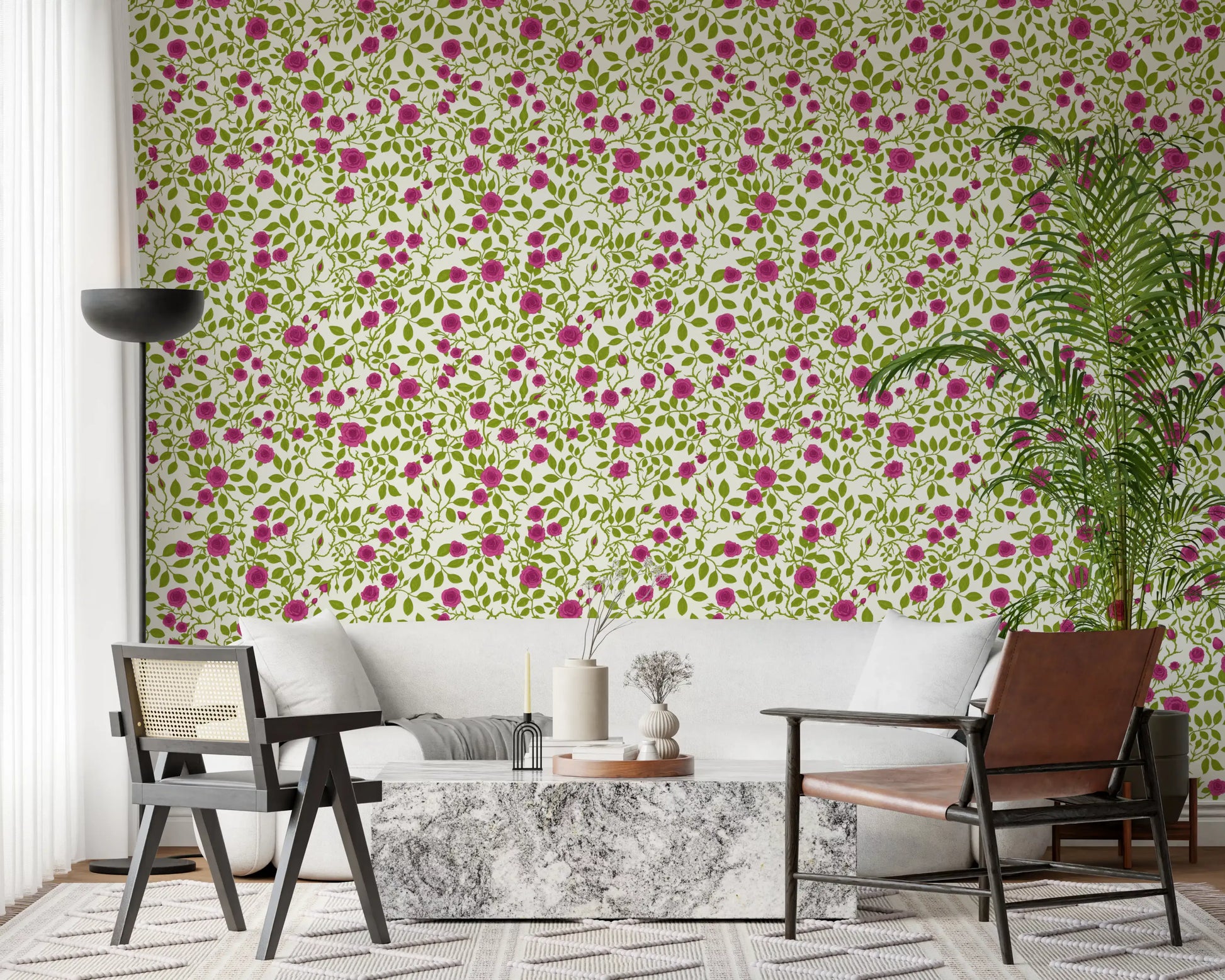 Bud clusters appear between trailing vines on this Blooming Rose Trellis wallpaper.