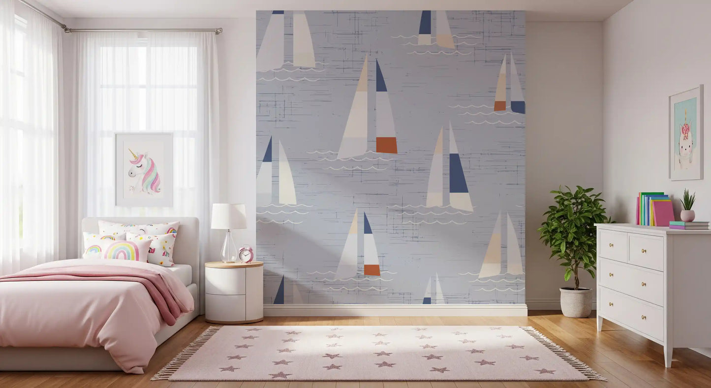 Tidy rows of boats stretch along the Kids room with Mid Century Sailboats wall mural.
