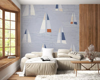 Slate tones span the Mid Century Sailboats Coastal Blue wall mural in this Hallway.