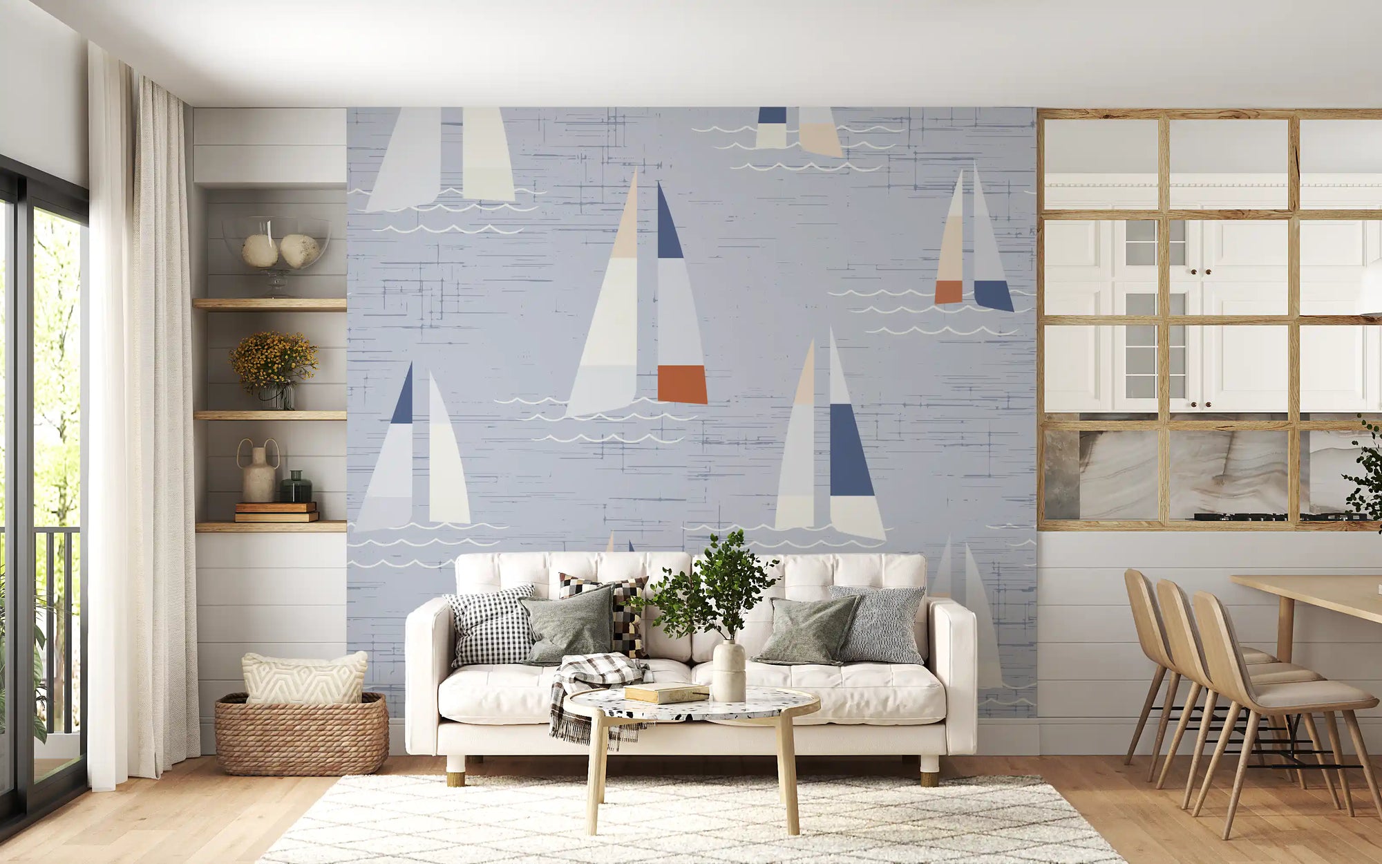 Mid Century Sailboats Coastal Blue wall mural calms this Dining room with a quiet mood.