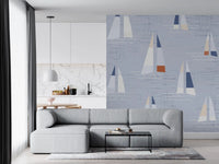 Compact boats spread between waves on the Mid Century Sailboats Coastal Blue wall mural.