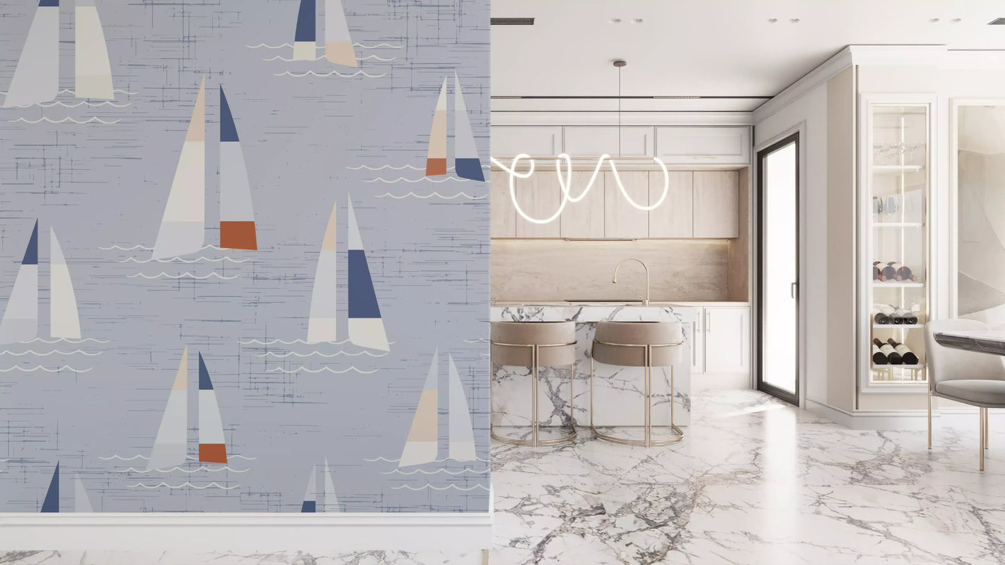Navy hulls and pale sails layer the Mid Century Sailboats Coastal Blue wall mural.