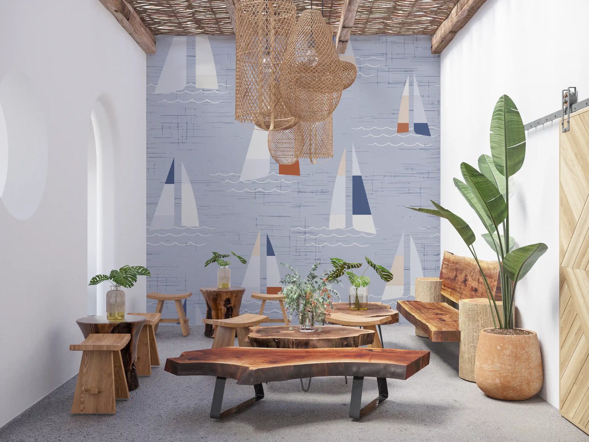 Cream sails drift over grey water on the Mid Century Sailboats Coastal Blue wall mural.