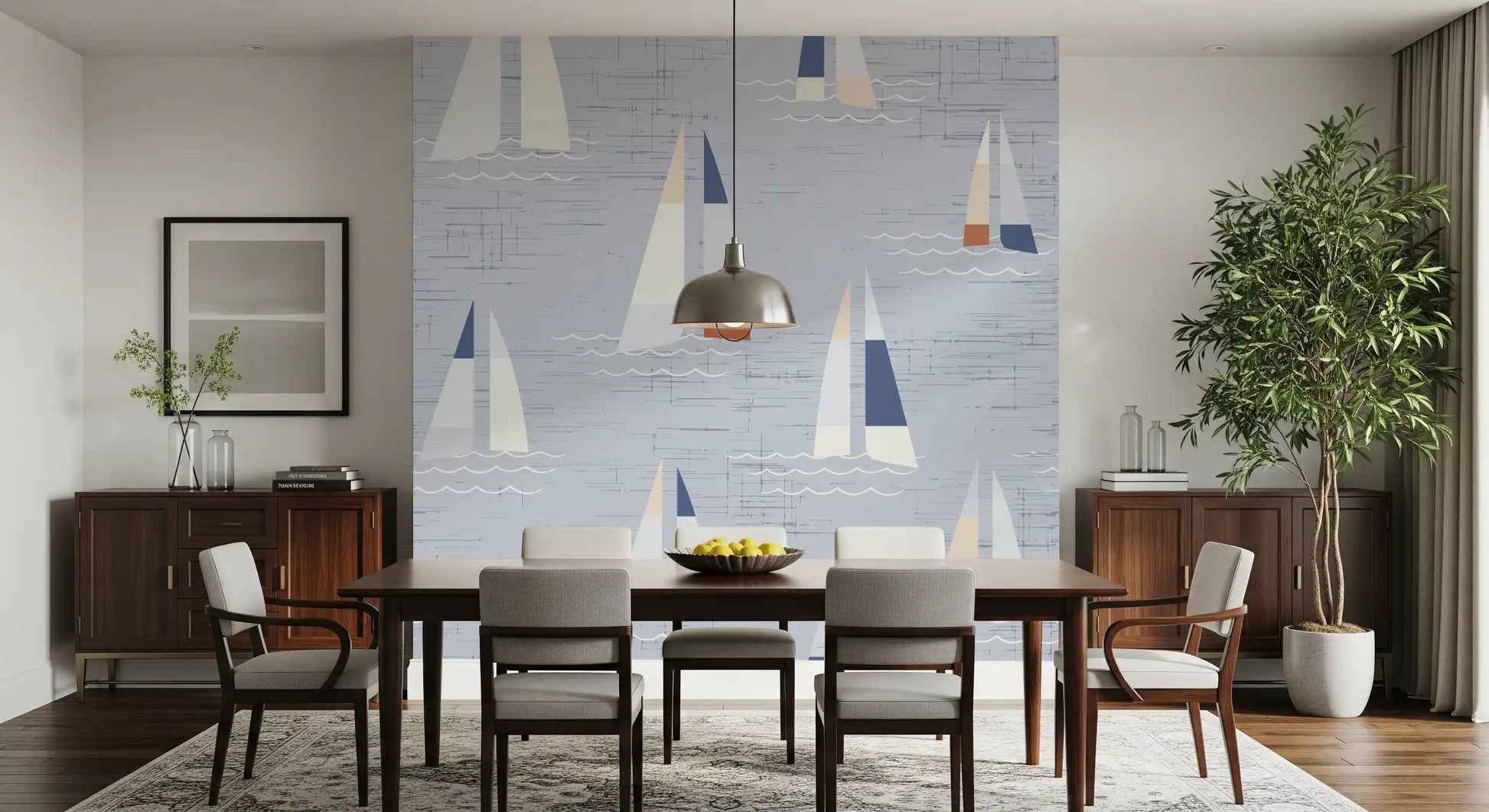 On Mid Century Sailboats wall mural, marine tones and white sails relax the Dining room .
